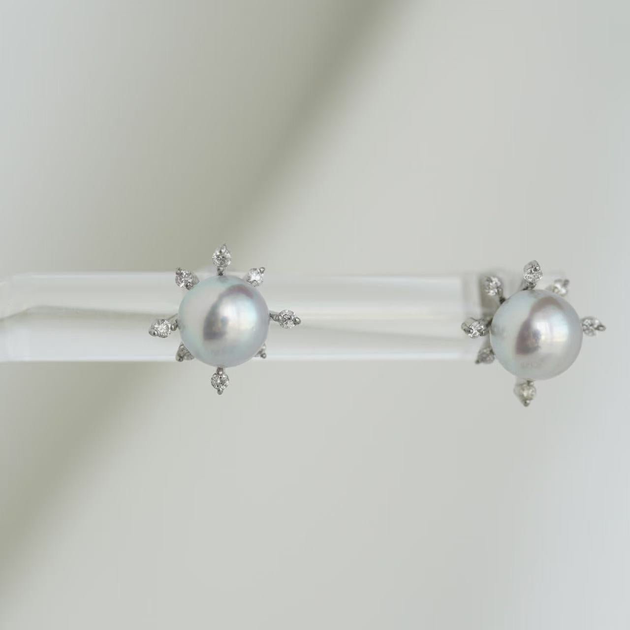 6mm Natural Silver Blue Akoya Pearl Firework Design Dimond Stud Earrings Platinum - KOKOPEARLJEWELRY - 6