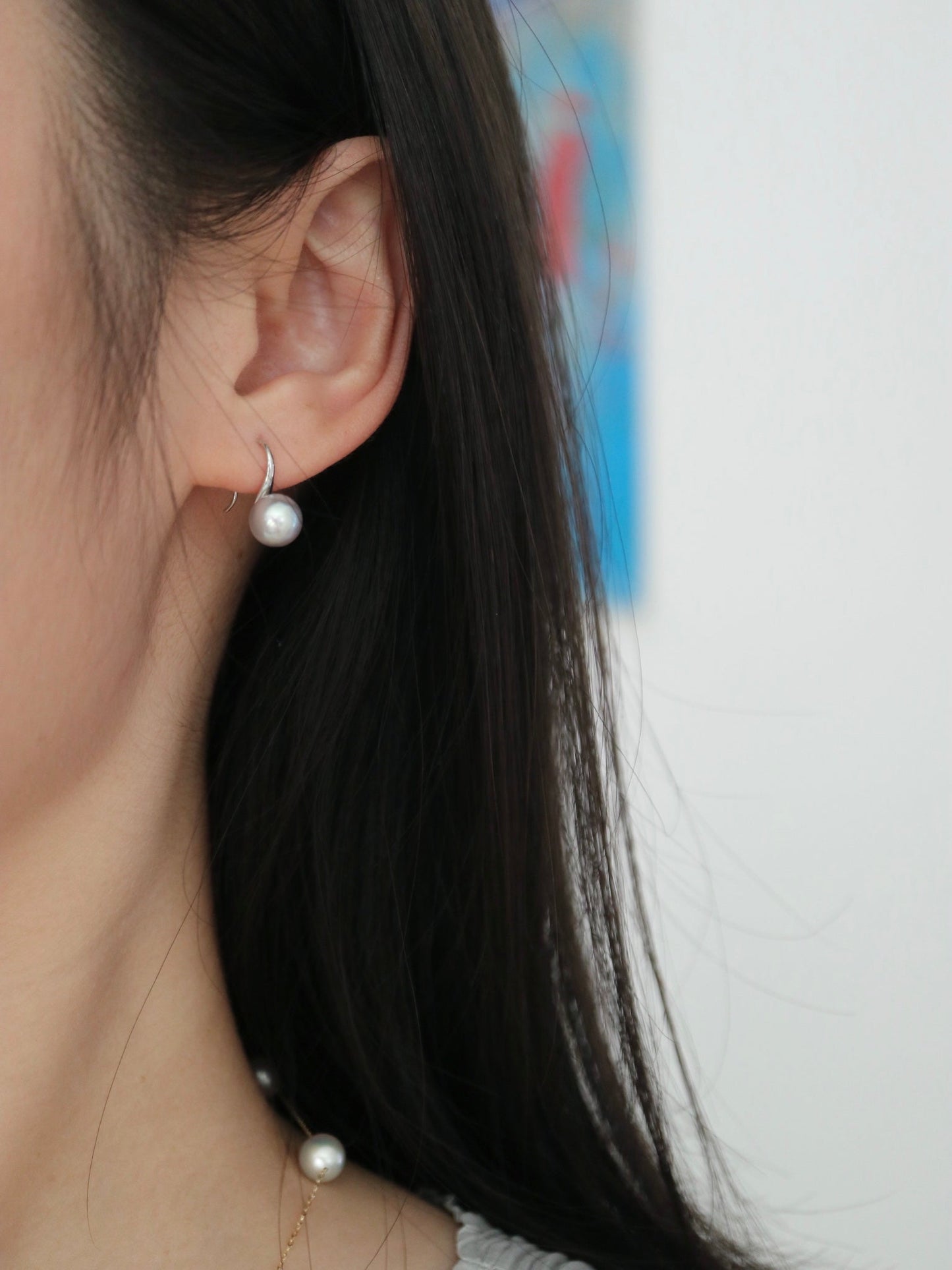7mm Natural Silver Gray Akoya Pearl Drop Hook Earrings 18K White Gold - KOKOPEARLJEWELRY - 3