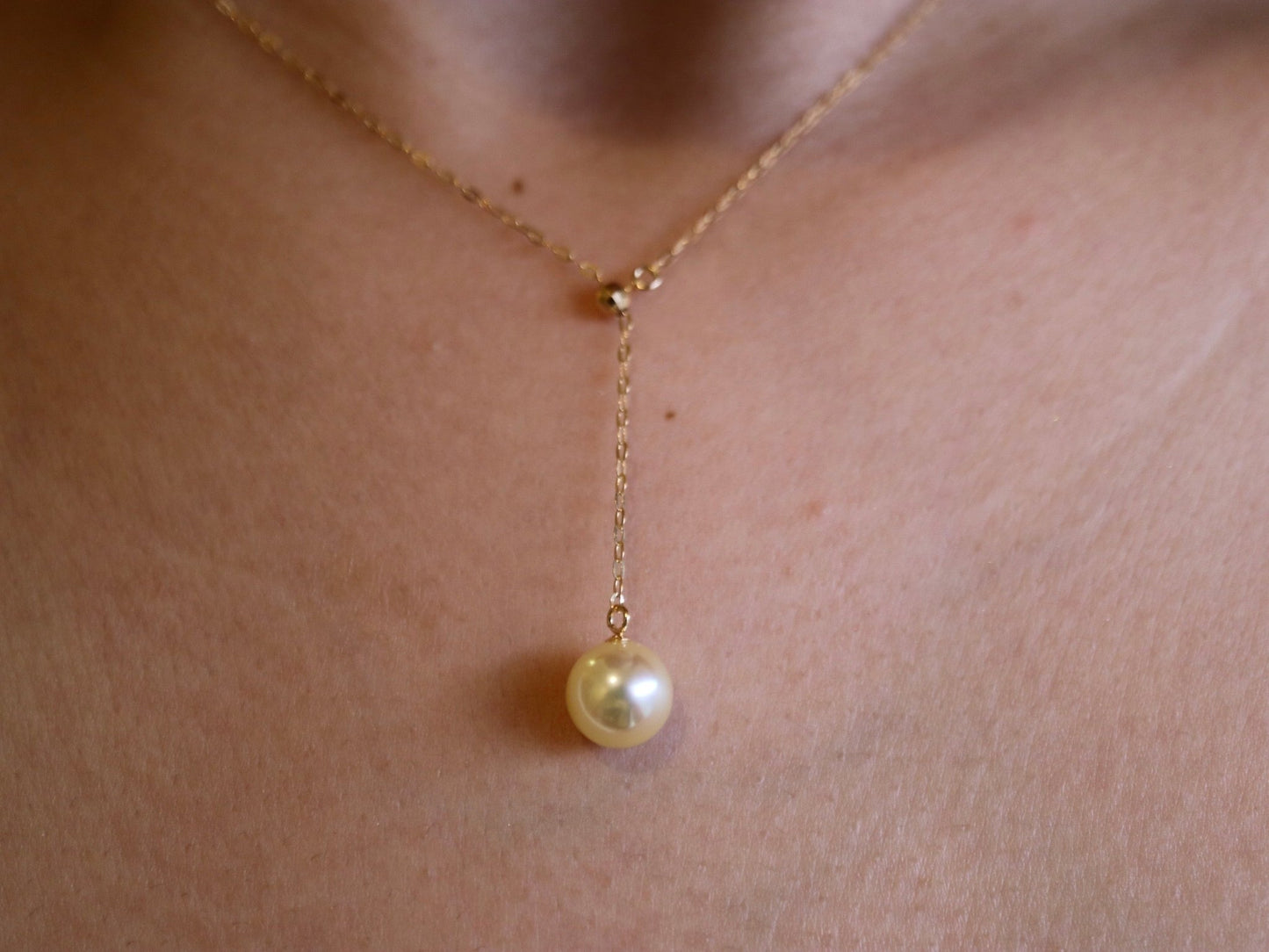 8mm Natural Cream Golden Akoya Pearl Adjustable Y Necklace 18K Yellow Gold - KOKOPEARLJEWELRY - 3