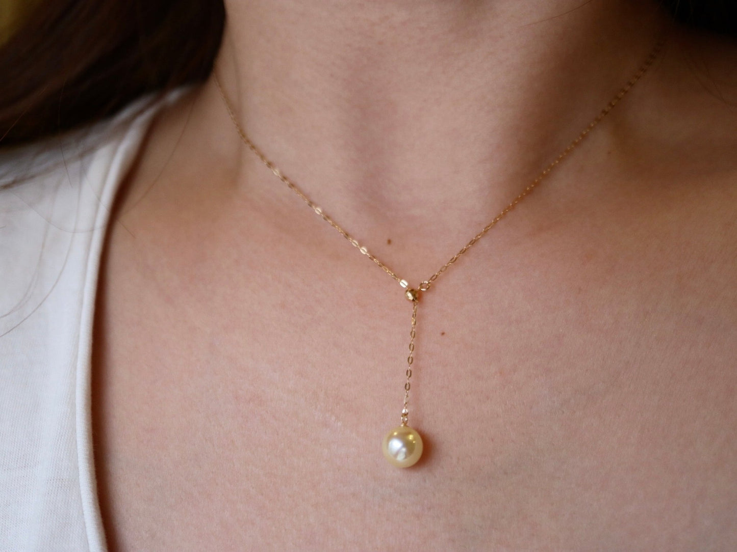 8mm Natural Cream Golden Akoya Pearl Adjustable Y Necklace 18K Yellow Gold - KOKOPEARLJEWELRY - 1