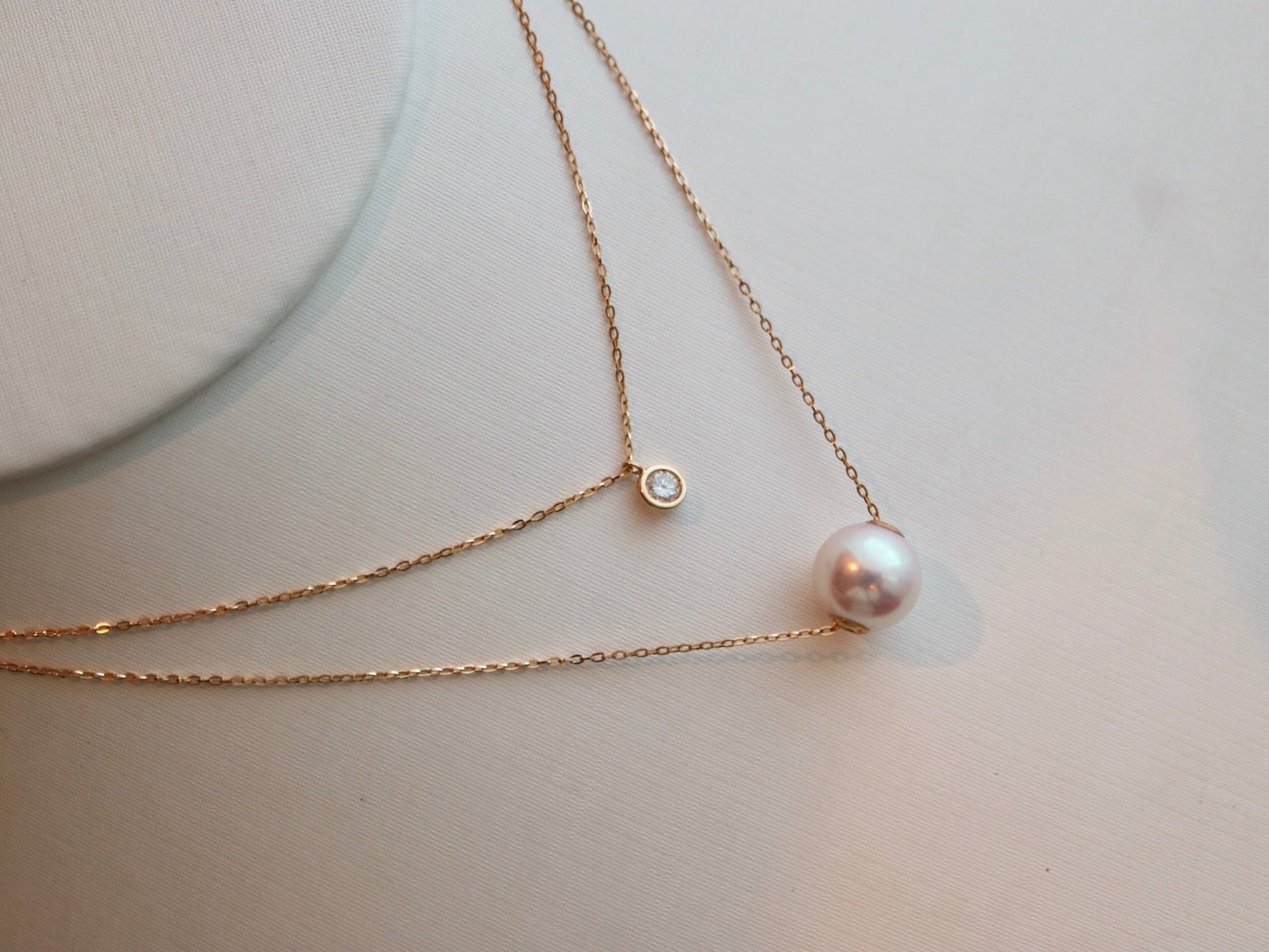 8.5mm Akoya Pearl Dimond Double Layered Floating Pendant Necklace 18K Yellow Gold - KOKOPEARLJEWELRY - 5