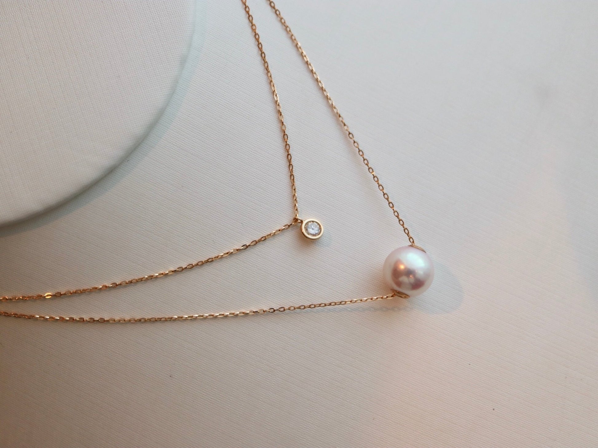 8.5mm Akoya Pearl Dimond Double Layered Floating Pendant Necklace 18K Yellow Gold - KOKOPEARLJEWELRY - 5