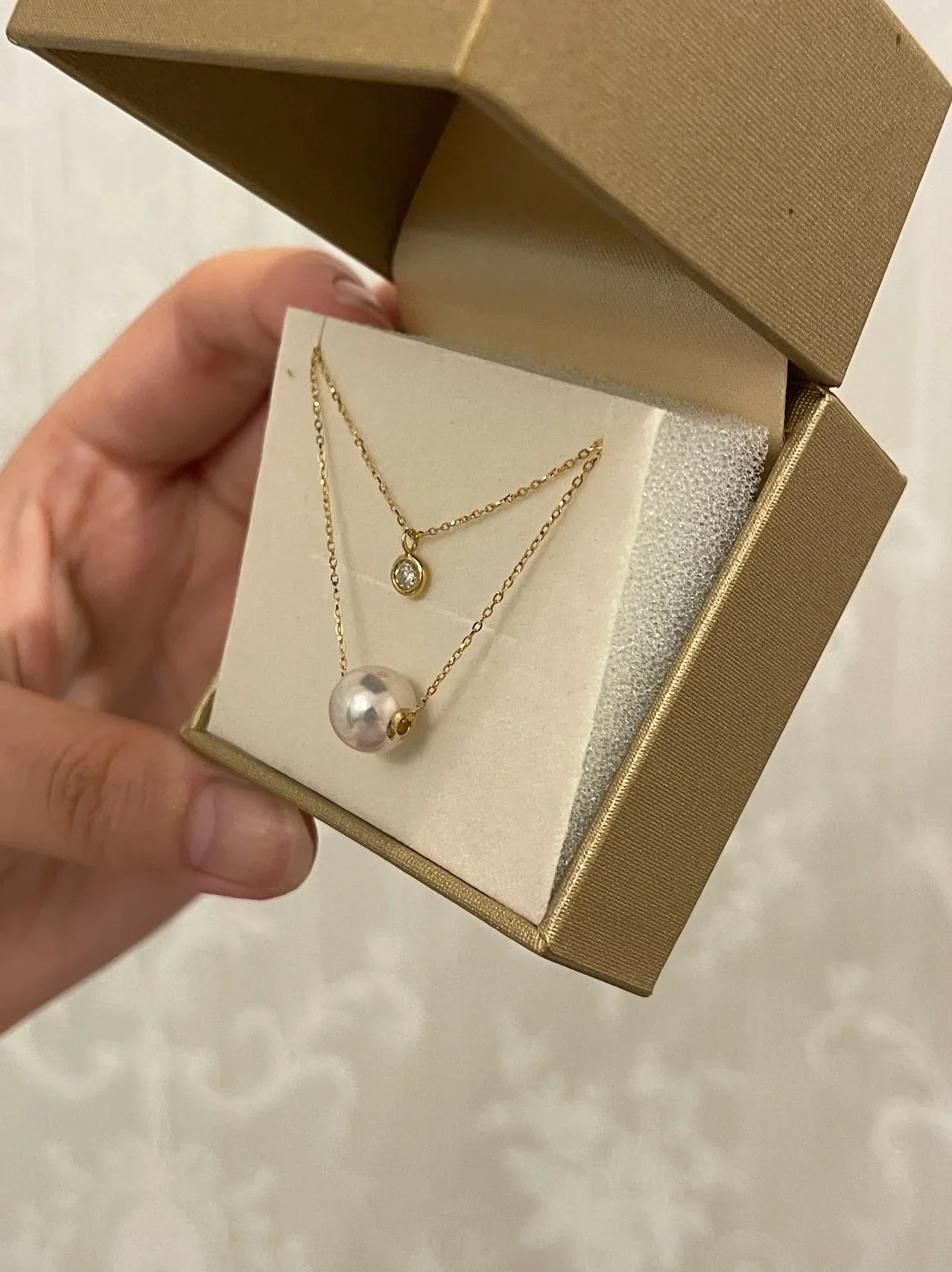 8.5mm Akoya Pearl Dimond Double Layered Floating Pendant Necklace 18K Yellow Gold - KOKOPEARLJEWELRY - 9
