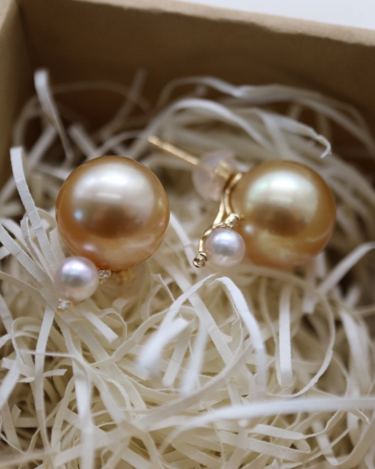 10mm Golden South Sea Pearl 4mm White Akoya Pearl Diamond Earrings 18K Yellow Gold - KOKOPEARLJEWELRY - 4