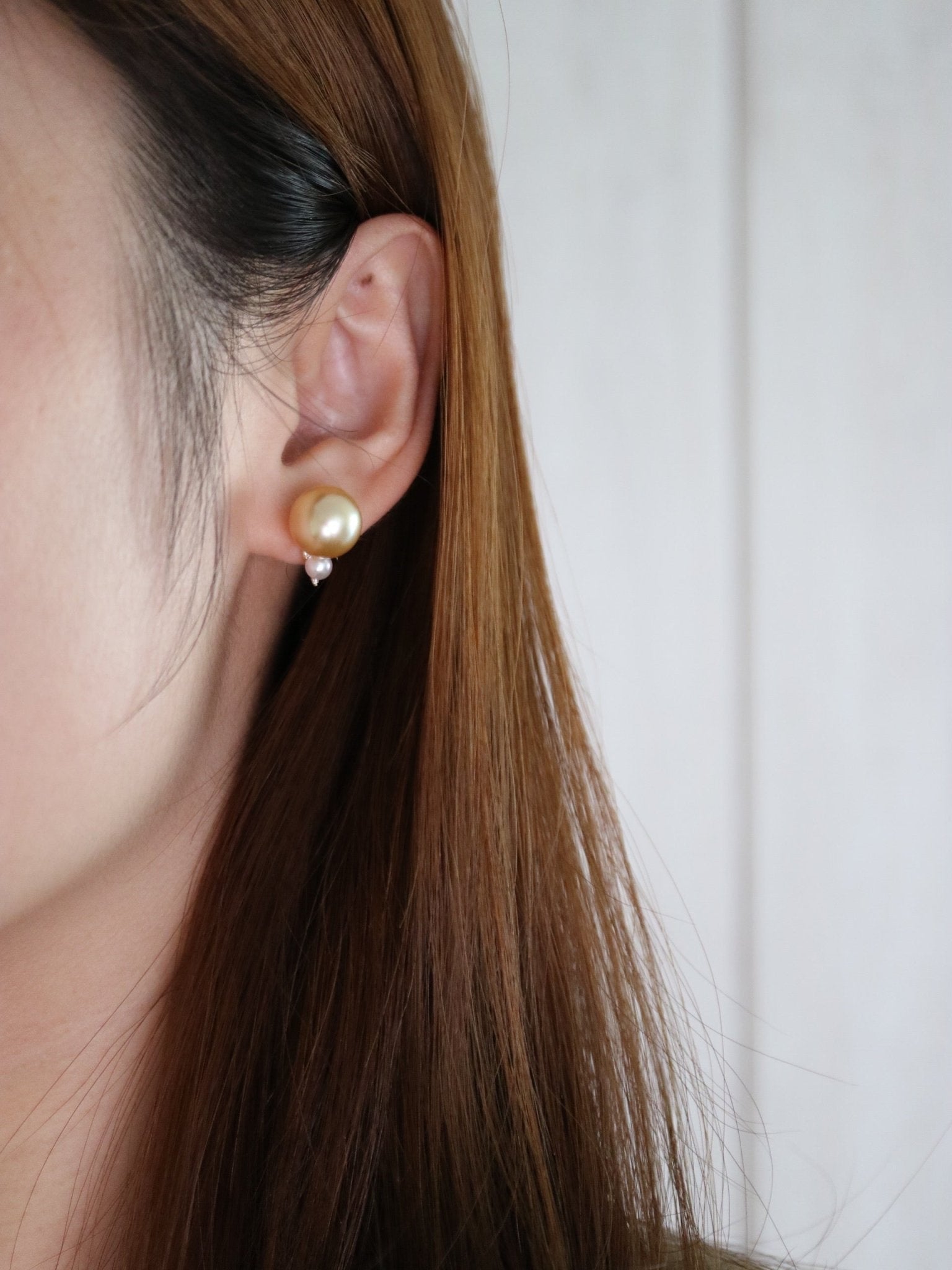 10mm Golden South Sea Pearl 4mm White Akoya Pearl Diamond Earrings 18K Yellow Gold - KOKOPEARLJEWELRY - 2