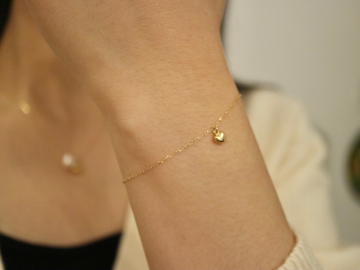 Little Heart Pendant & Akoya Pearl Chain Bracelet K10YG