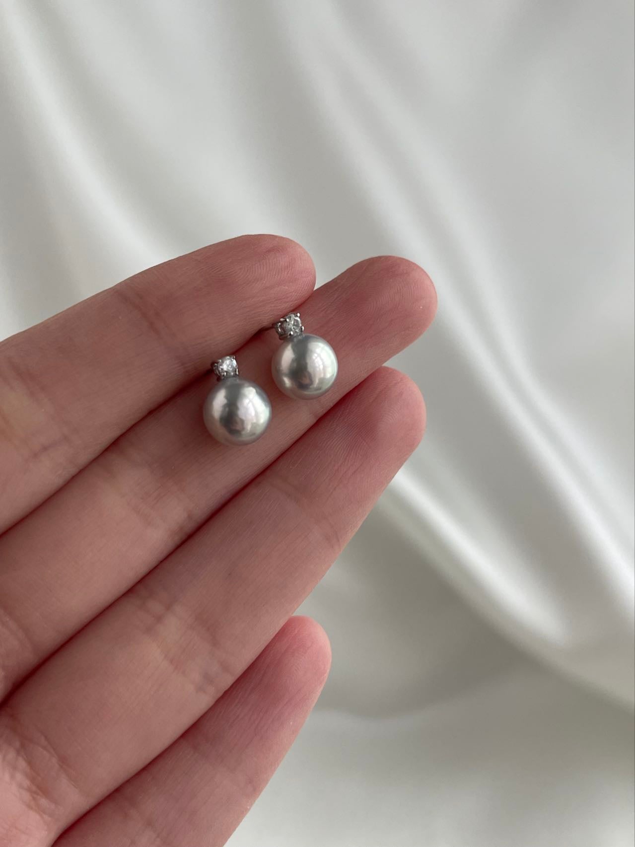 7.5mm Natural Silver Gray Akoya Pearl Diamond Stud Earrings 18K White Gold - KOKOPEARLJEWELRY - 6