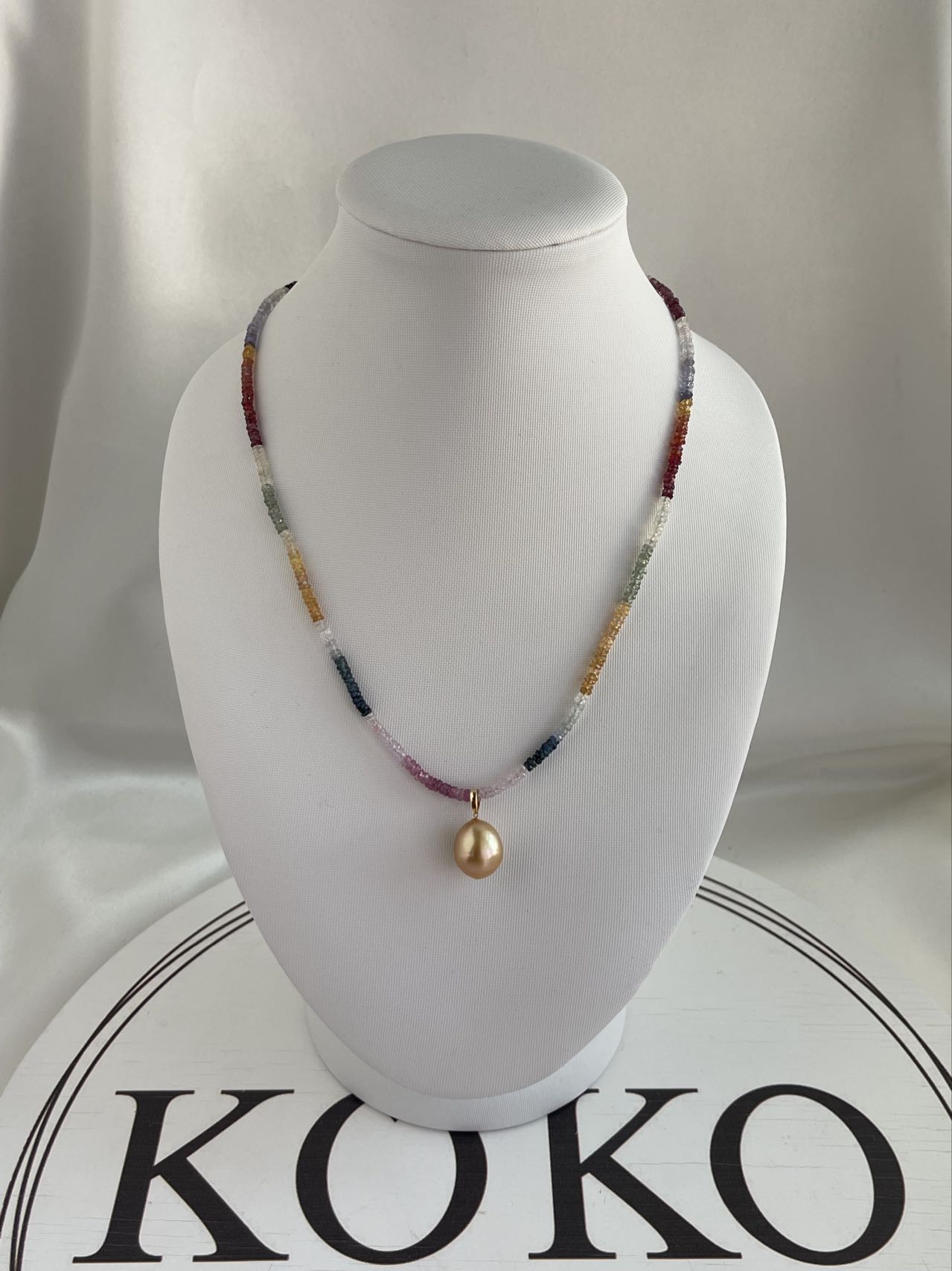 Detachable Golden South Sea Pearl Pendant Rainbow Color Sapphire Beads Necklace 18K Yellow Gold - KOKOPEARLJEWELRY - 6