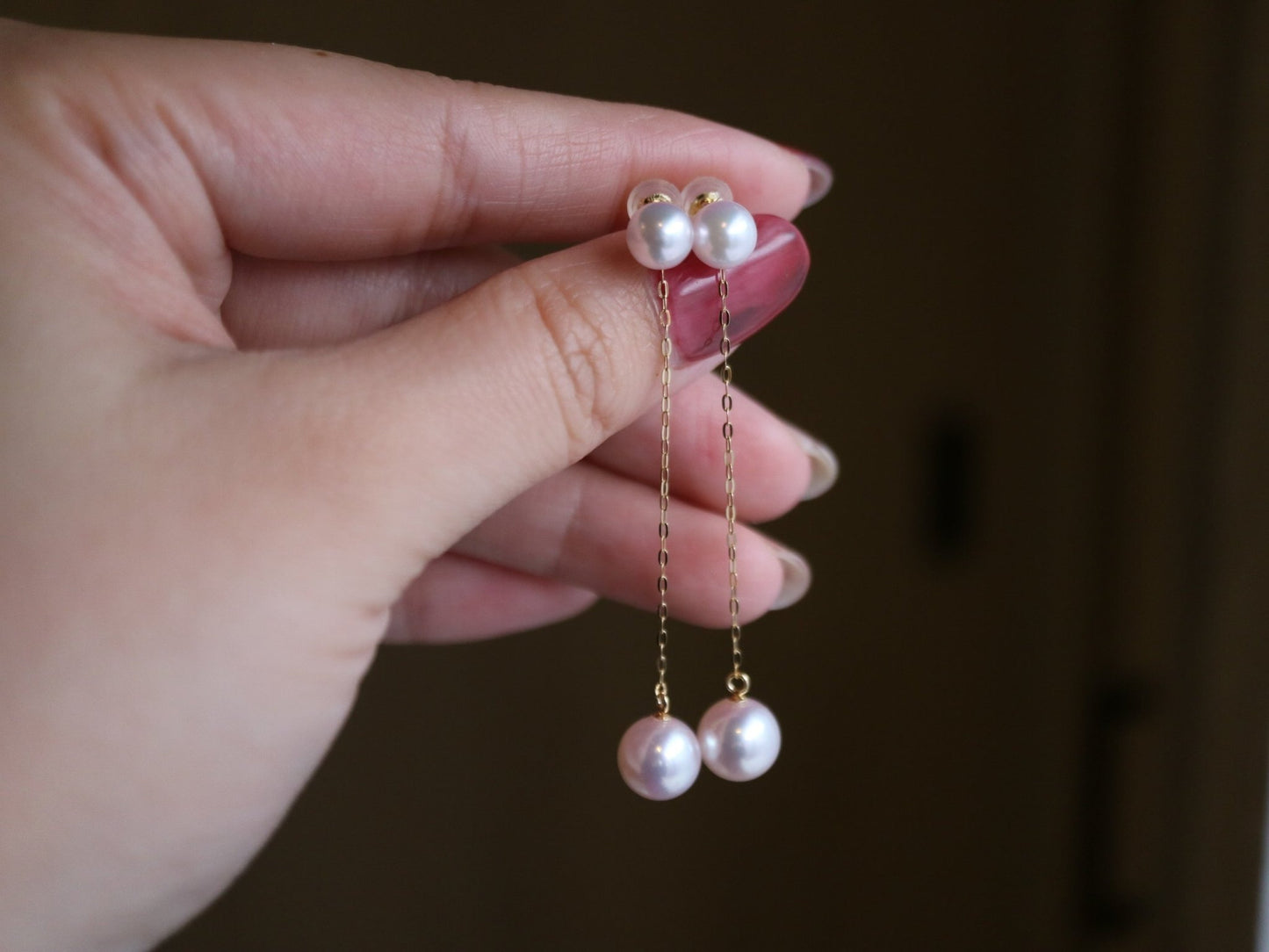 2Way Wearing 5+8mm Akoya Pearl String Earrings 18K Gold - KOKOPEARLJEWELRY - 4