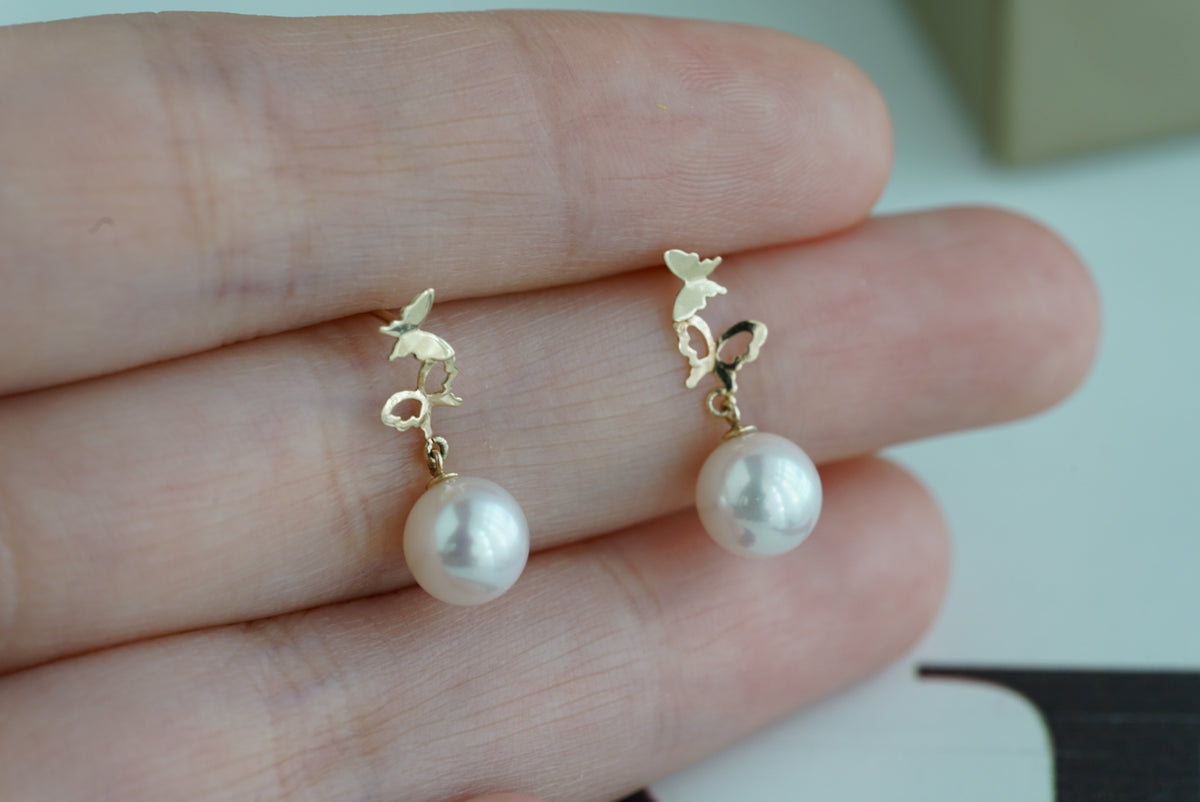 6.5mm Akoya Pearl Butterfly Shaped Dangle Drop Earrings 10K Gold