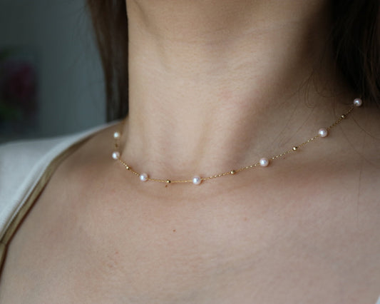 4.5 mm Akoya Pearl Beaded Station Necklace in 18K Gold - KOKOPEARLJEWELRY - 1
