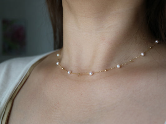 4.5mm Akoya Pearl & 18K Gold Beads Station Necklace