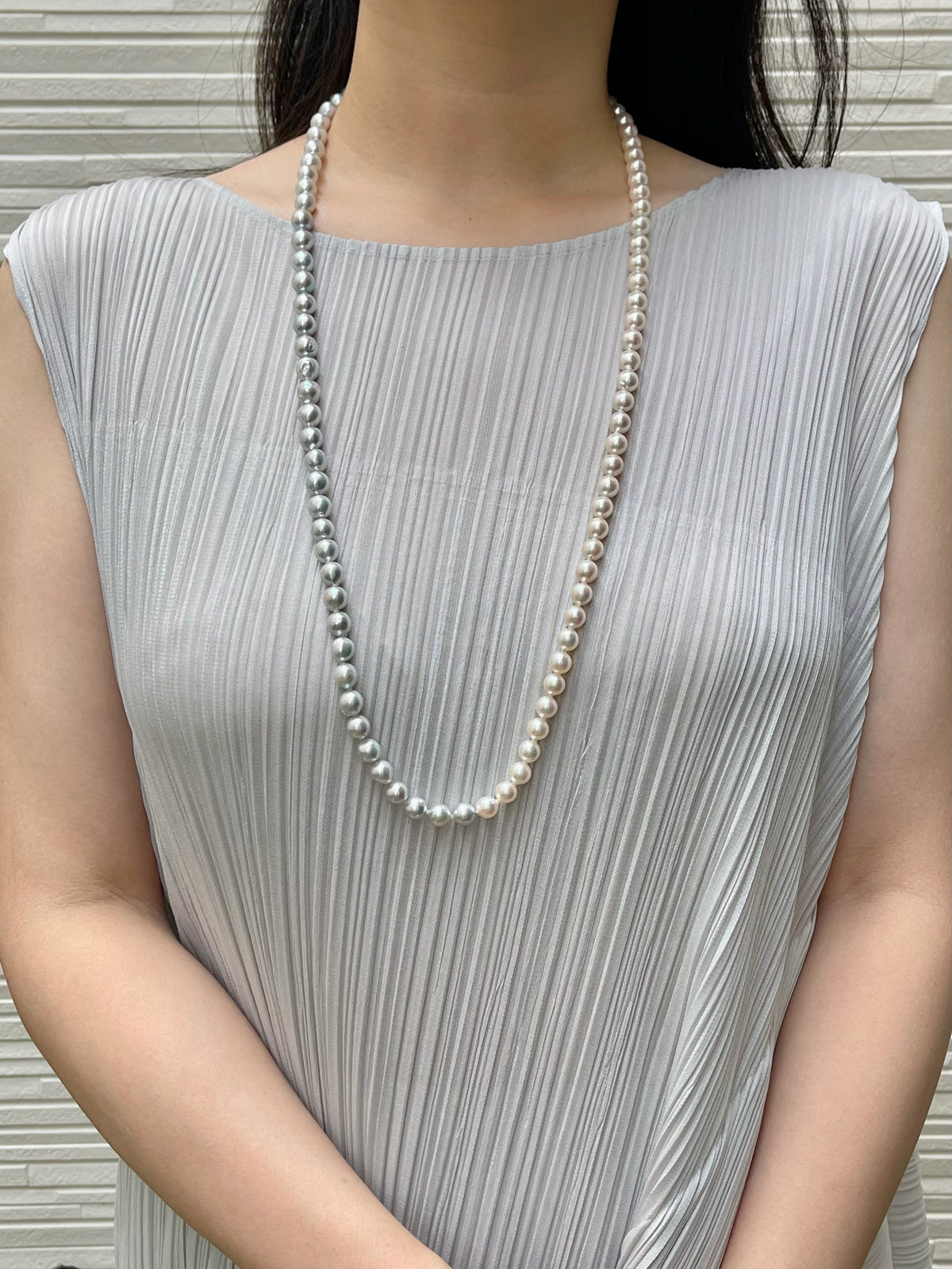 Certified Natural Silver Blue & White Color 8.5mm Baroque Shaped Akoya Pearl Long Necklace