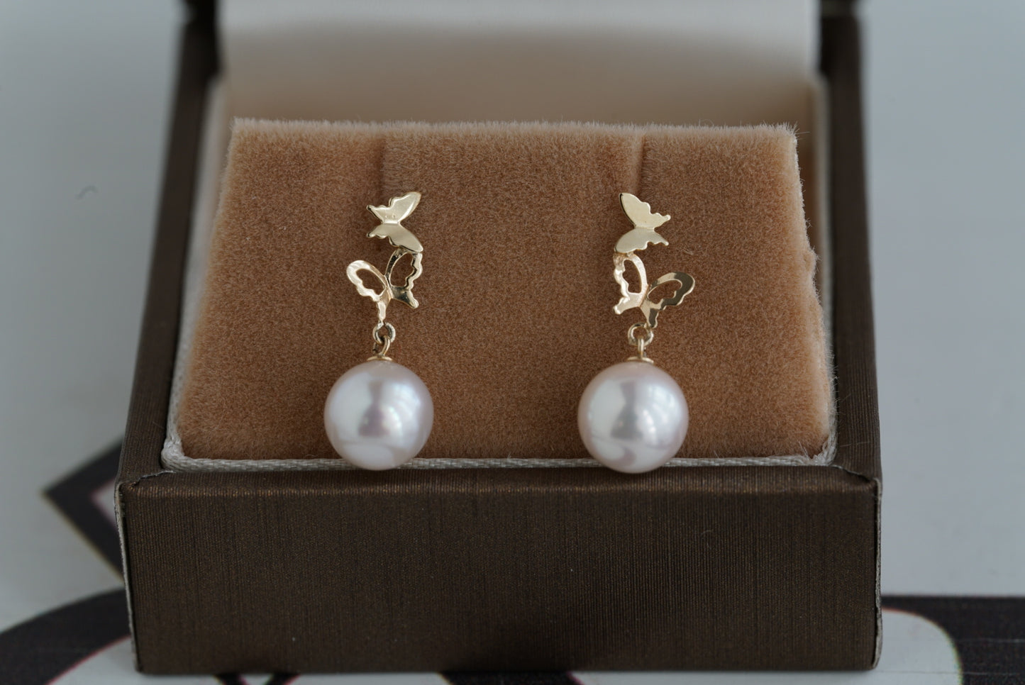 6.5mm Akoya Pearl Butterfly Shaped Dangle Drop Earrings 10K Gold