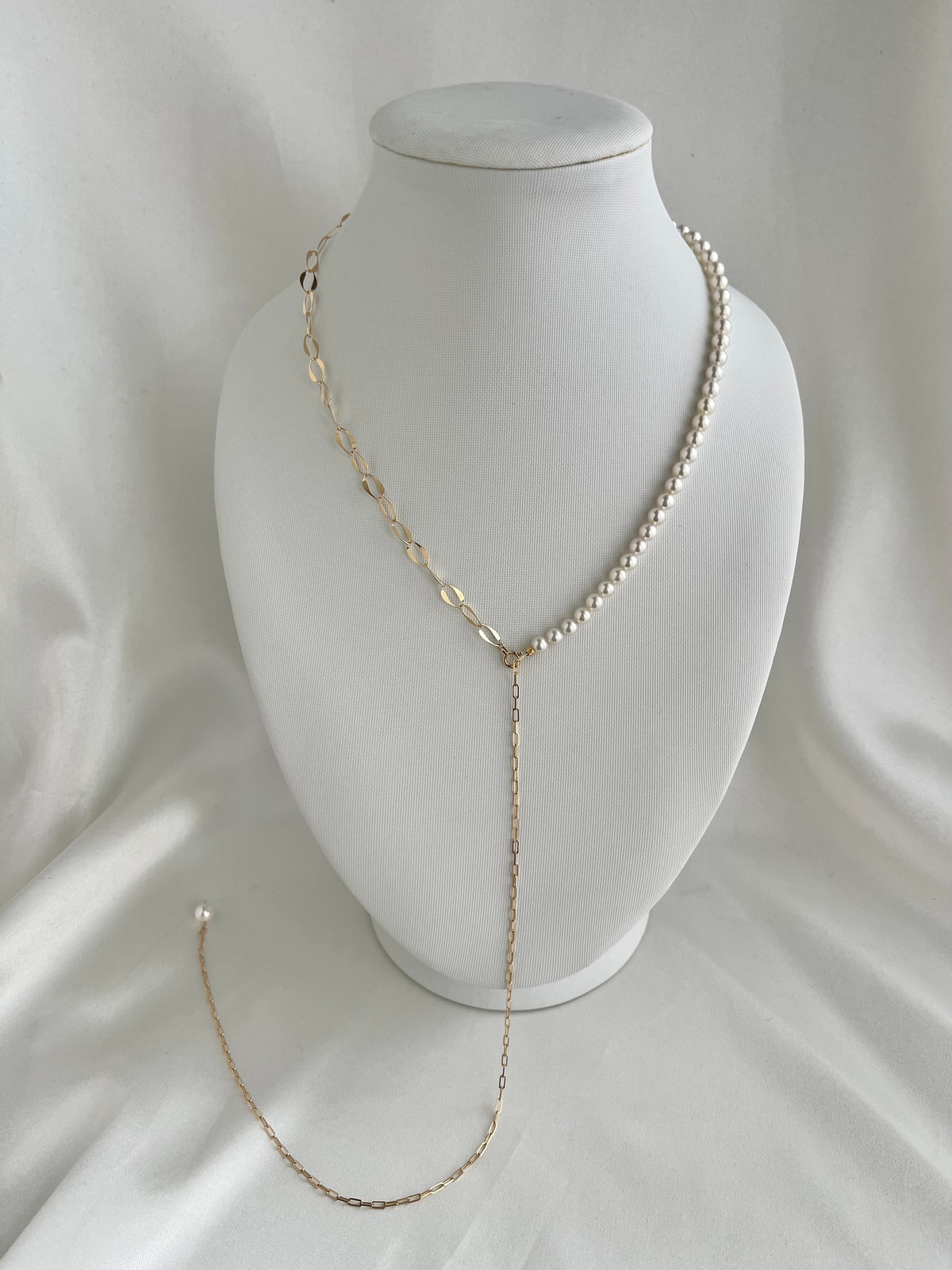 4.5mm Akoya Pearl ＆ 18K Gold Paperclip Link Chain Long Necklace