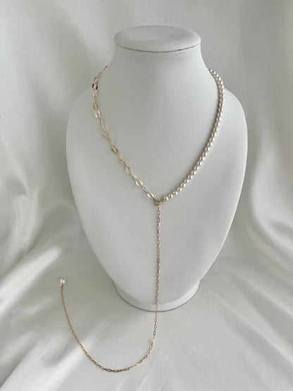 4.5mm Akoya Pearl ＆ 18K Gold Paperclip Link Chain Long Necklace - KOKOPEARLJEWELRY - 11