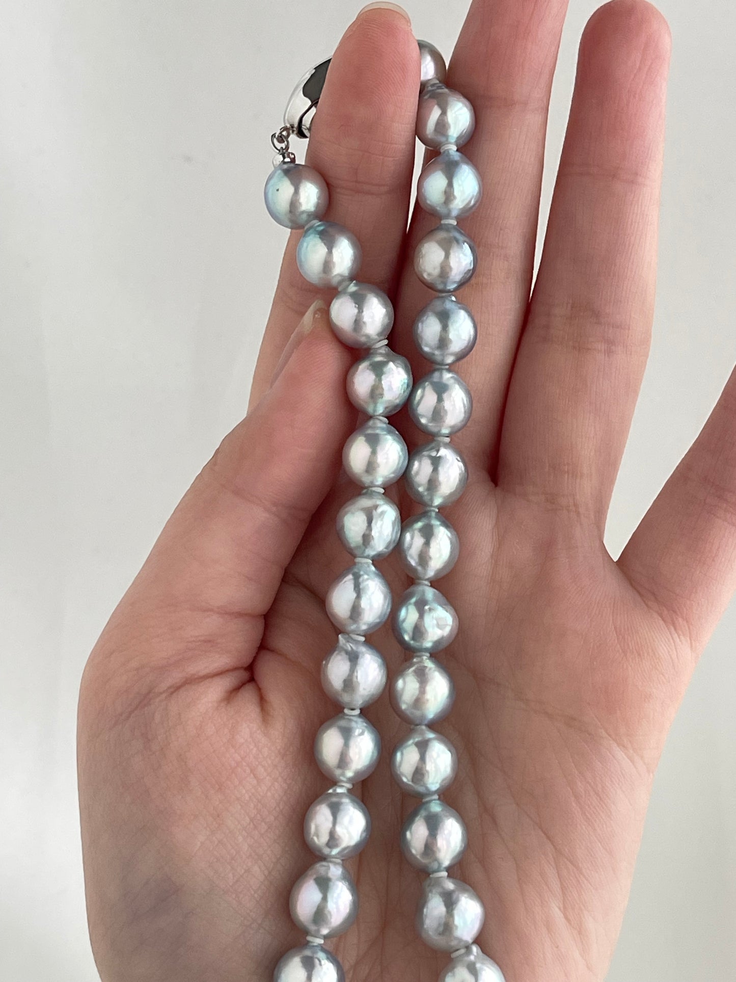 Certified 8.5mm Natural Silver Blue Tone Baroque Shaped Akoya Pearl Strand Necklace