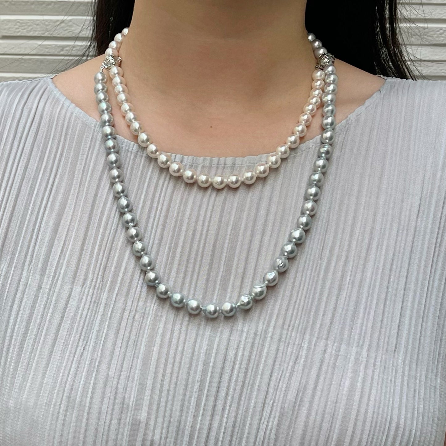Certified Natural Silver Blue & White Color 8.5mm Baroque Shaped Akoya Pearl Long Necklace
