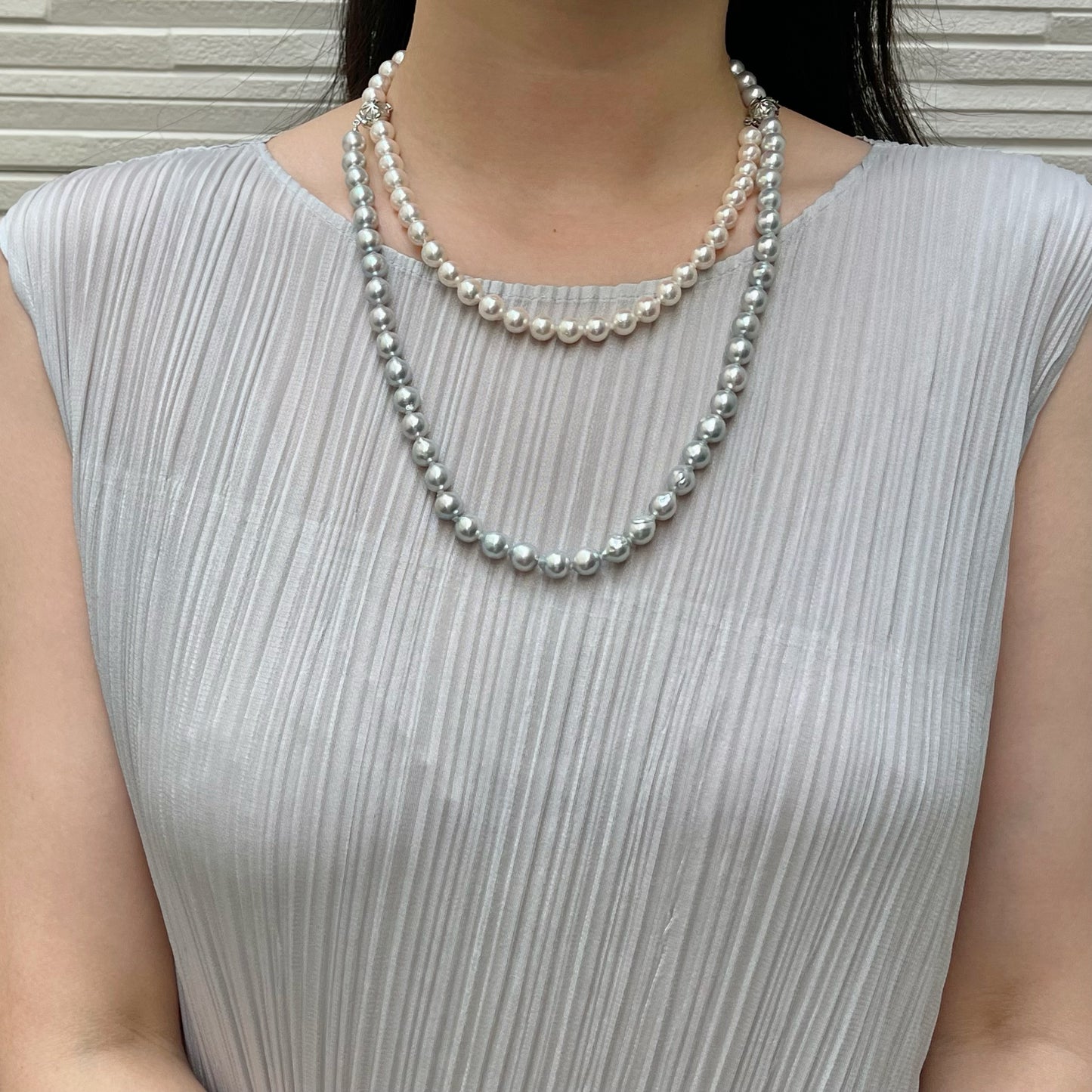 81cm ダブルカラー バロックシェイプ 8.5mm アコヤ真珠 ロングストランドネックレス