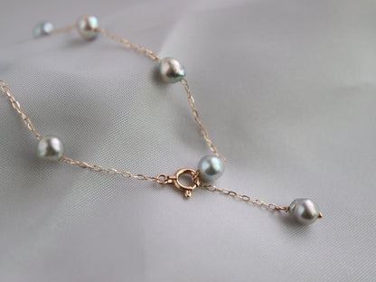 바로크형 천연 실버 블루 아코야 진주 스테이션 팔찌 K10YG