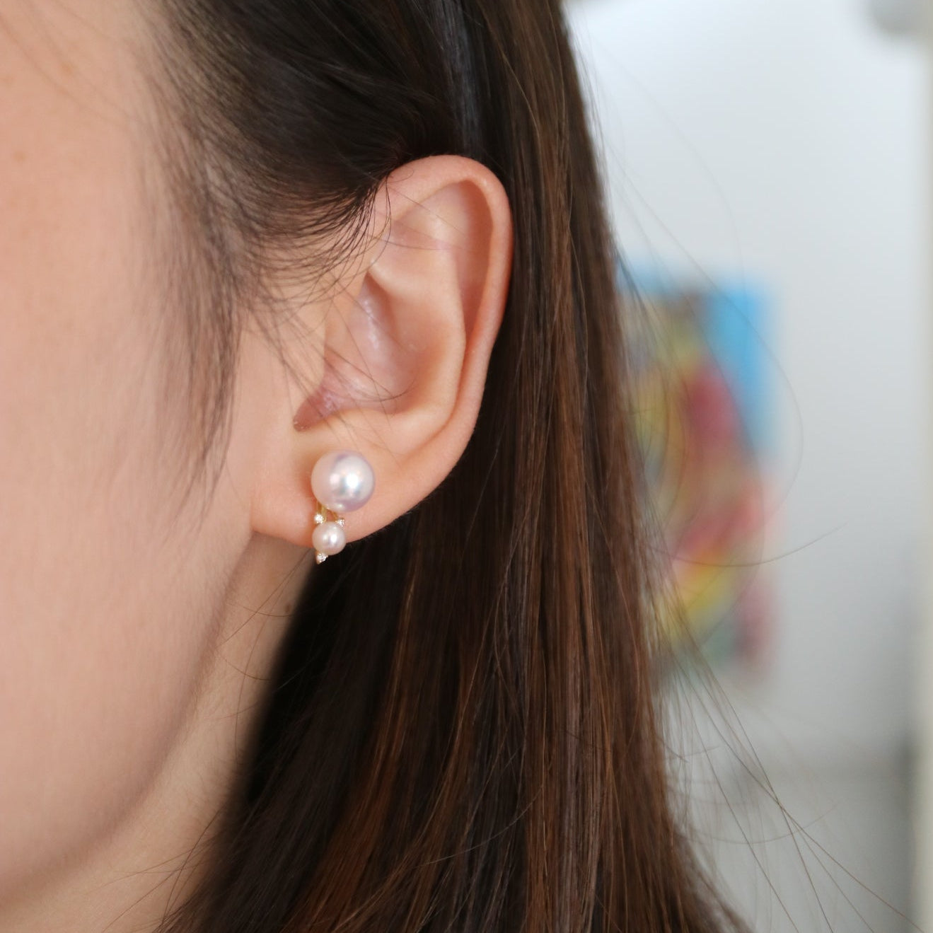 4.0+7.5mm Double Akoya Pearl Diamond Stud Earrings 18K Yellow Gold