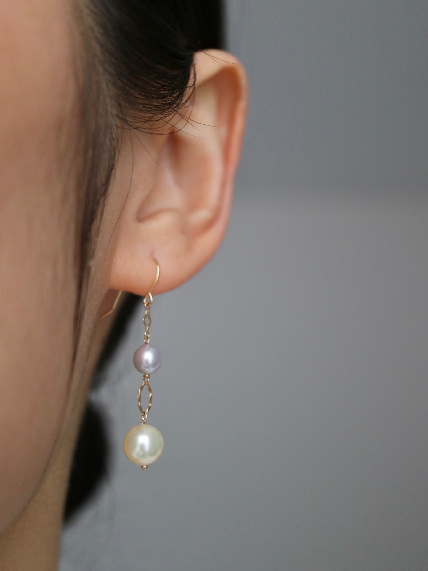 Two-Color Akoya Pearl Dangle Hook Earrings | 18K Yellow Gold