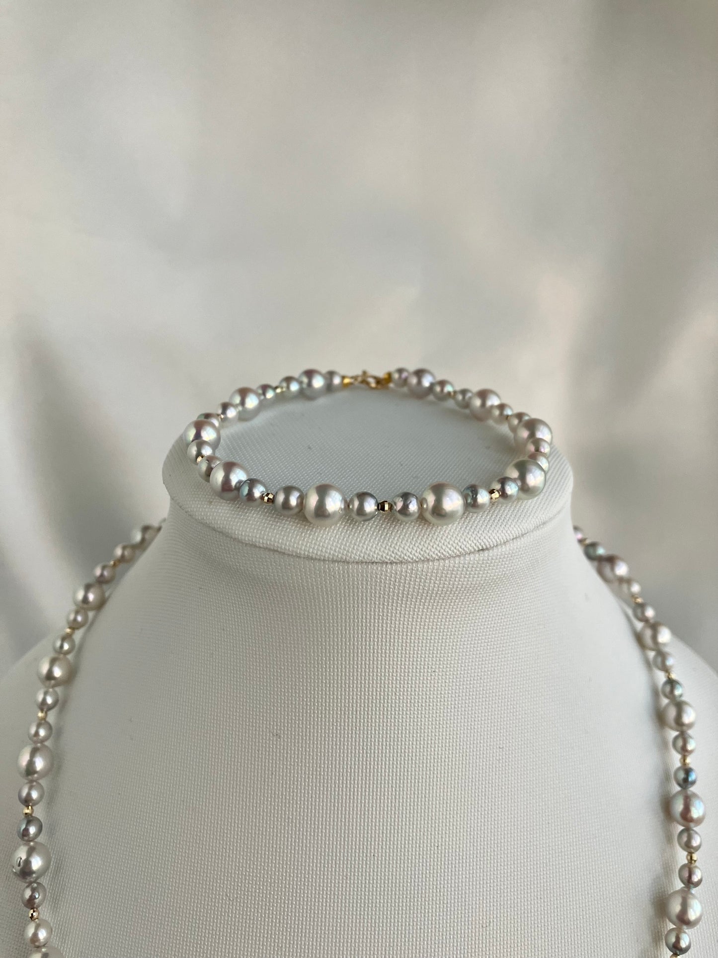 4+6mm Natural Silver Blue Akoya Pearl Beads Necklace & Bracelet 18K Gold