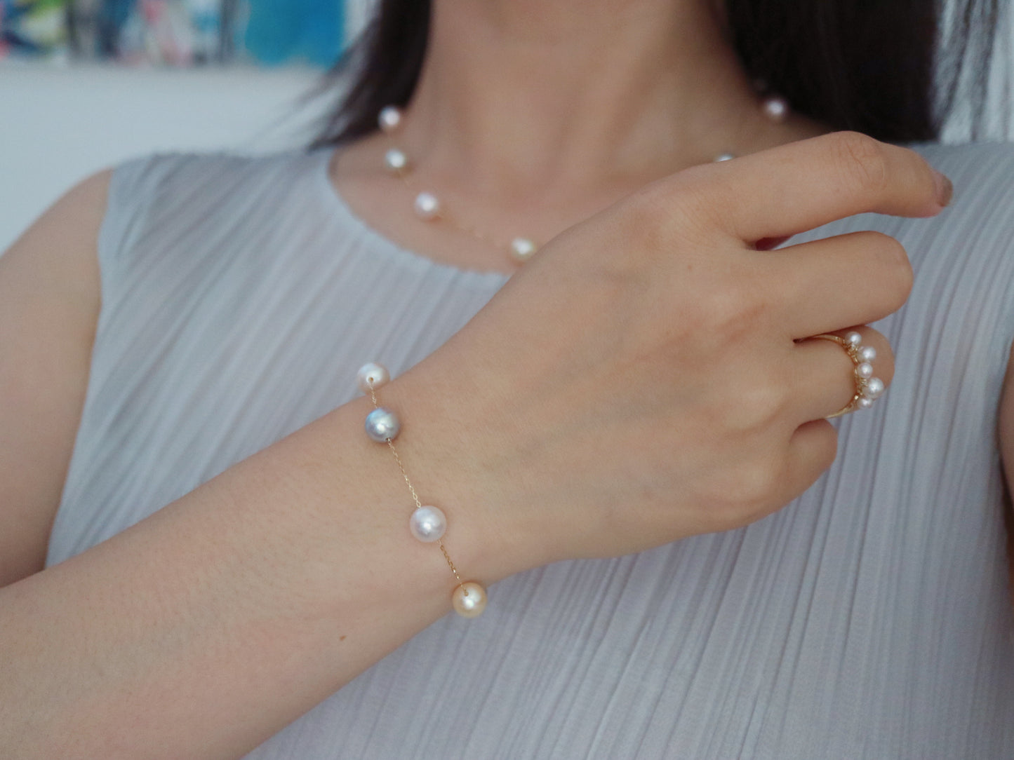 Rainbow Color 7.5mm Akoya Pearl Station Bracelet 18K Gold