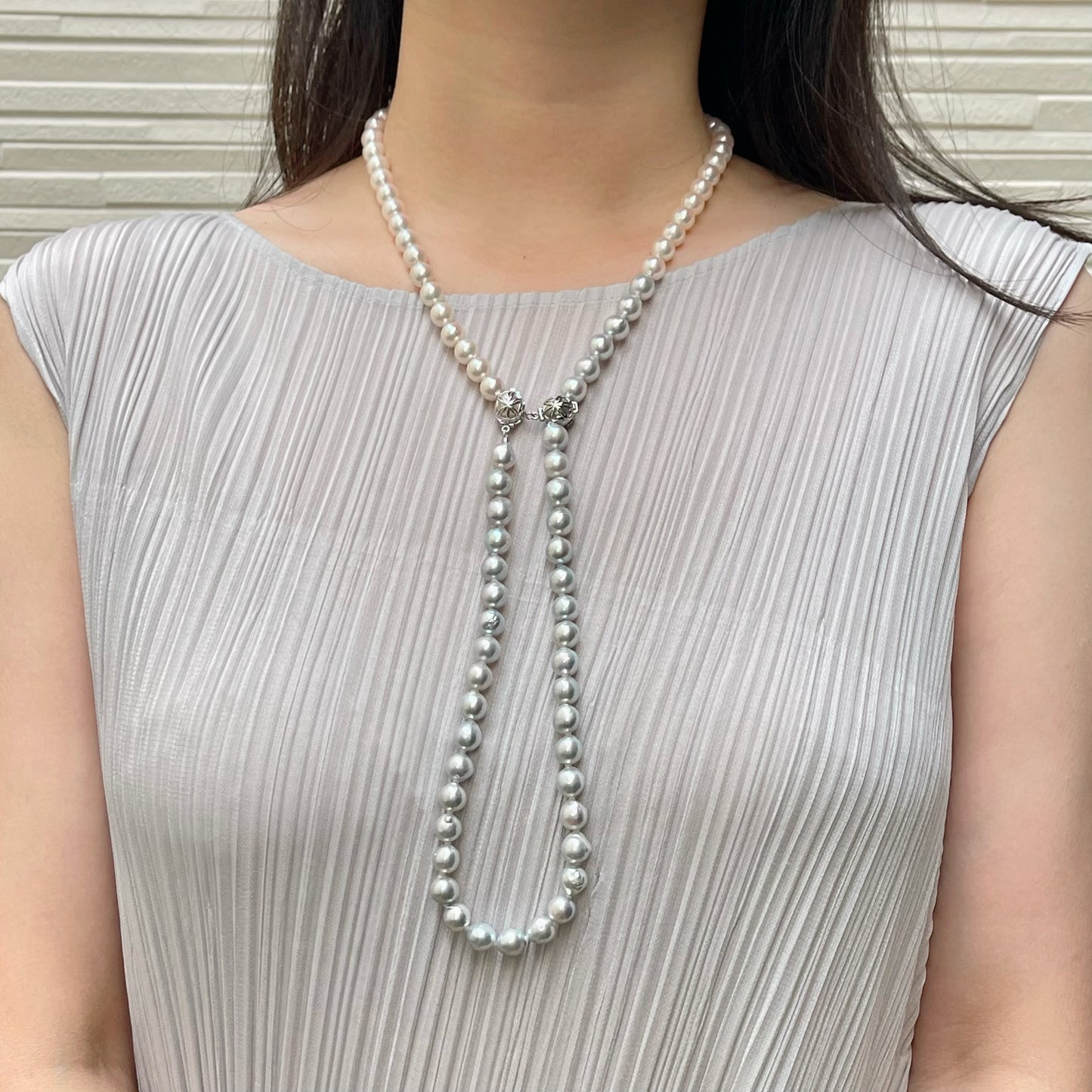 Certified Natural Silver Blue & White Color 8.5mm Baroque Shaped Akoya Pearl Long Necklace