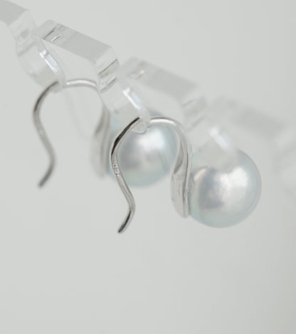 7mm Natural Silver Gray Akoya Pearl Drop Hook Earrings 18K White Gold