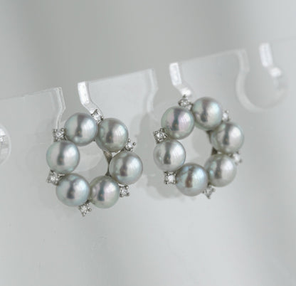 Rare Size 3.5mm Natural Silver Blue Akoya Pearl Diamond Halo Stud Earrings Pt900 Platinum - KOKOPEARLJEWELRY - 6