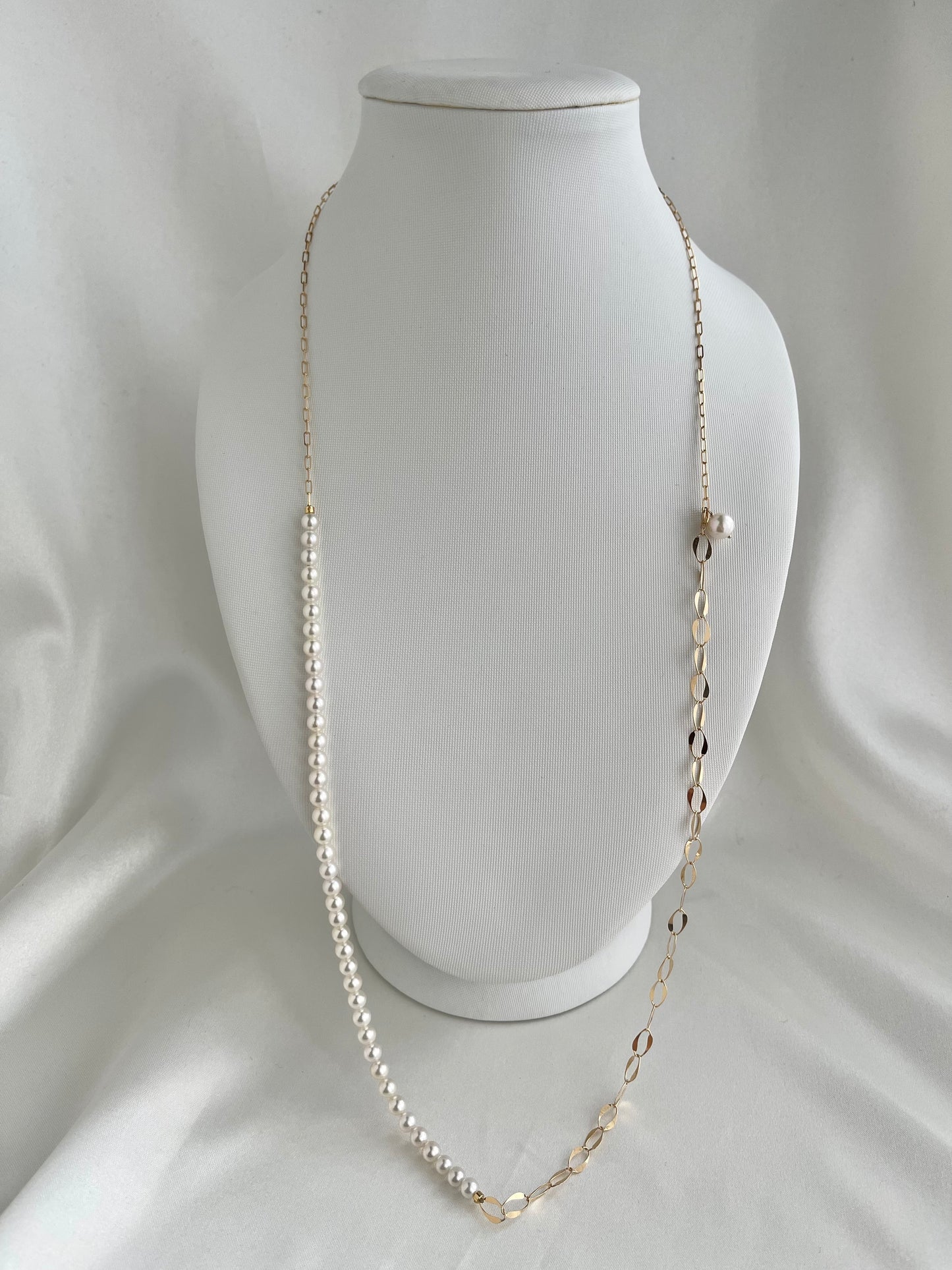 4.5mm Akoya Pearl ＆ 18K Gold Paperclip Link Chain Long Necklace