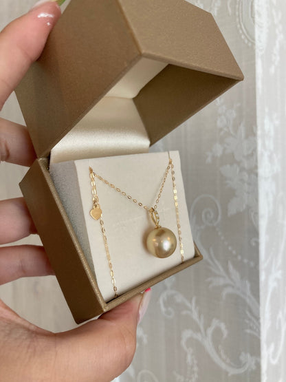 11mm Golden South Sea Pearl Diamond Pendant Necklac 18K Yellow Gold
