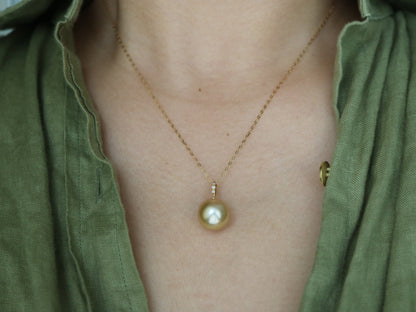 11mm Golden South Sea Pearl Diamond Pendant Necklac 18K Yellow Gold