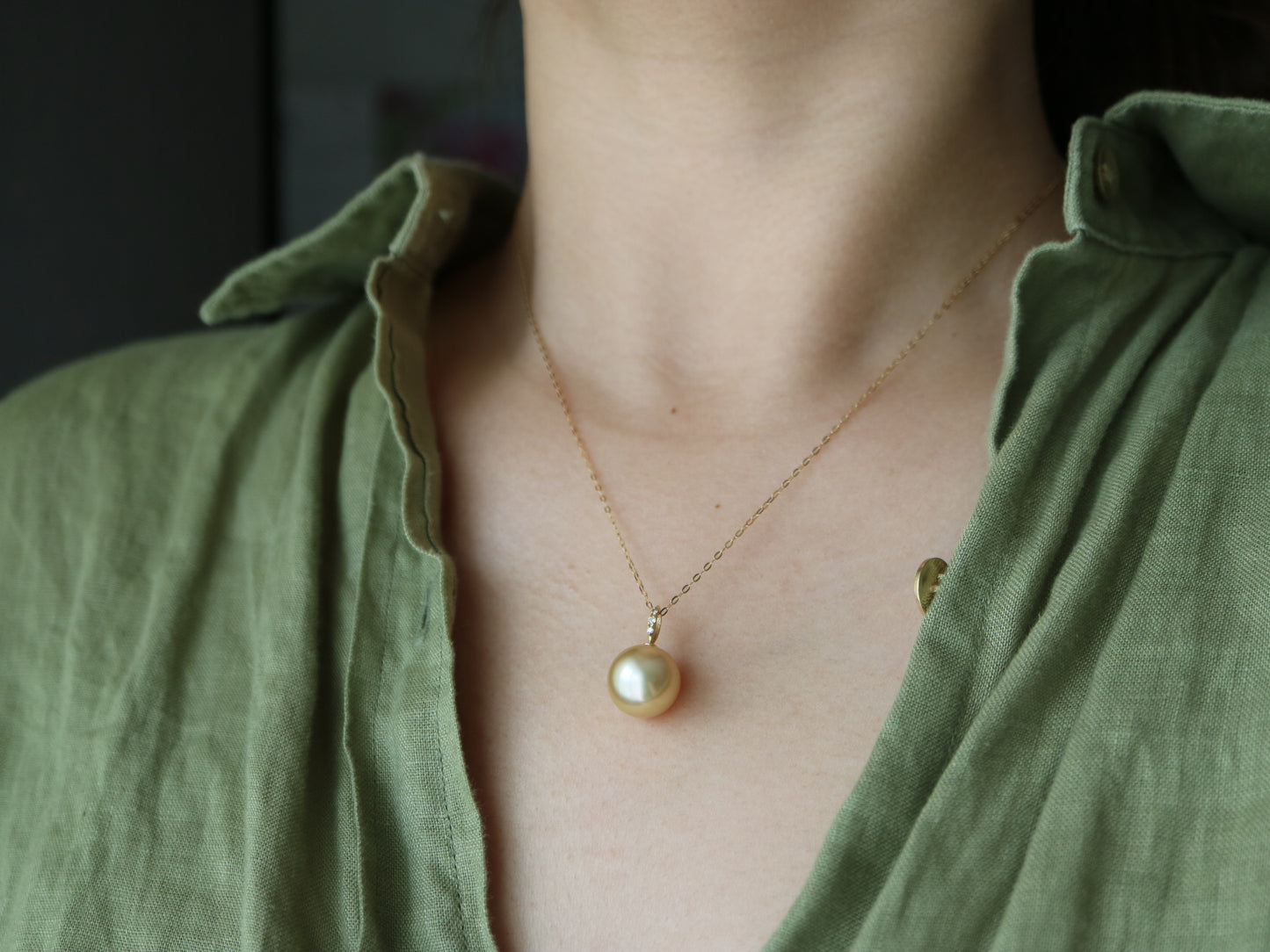 11mm ゴールデン サウス シー パール ダイヤモンド ペンダント ネックレス 18K イエロー ゴールド
