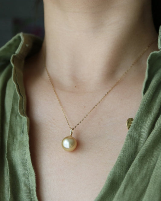 11mm Golden South Sea Pearl Diamond Pendant Necklac 18K Yellow Gold - KOKOPEARLJEWELRY - 3