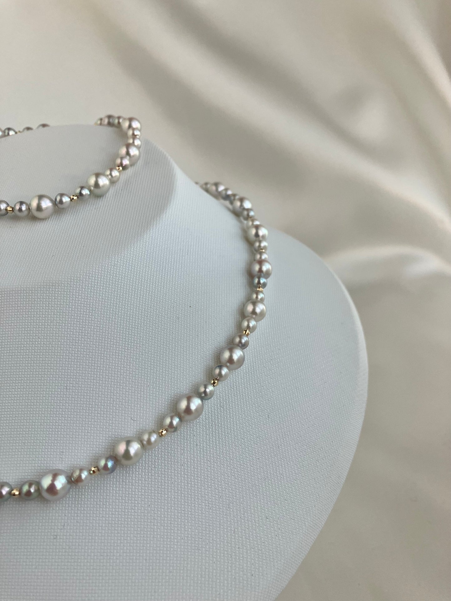 4+6mm Natural Silver Blue Akoya Pearl Beads Necklace & Bracelet 18K Gold