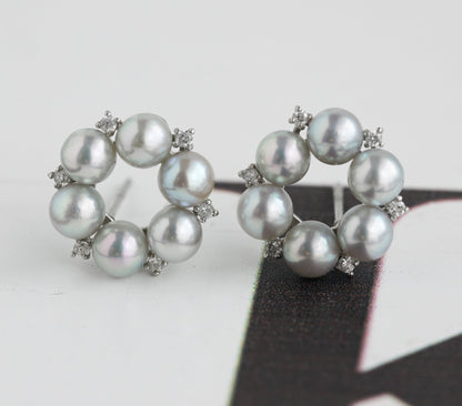 Rare Size 3.5mm Natural Silver Blue Akoya Pearl Diamond Halo Stud Earrings Pt900 Platinum - KOKOPEARLJEWELRY - 2