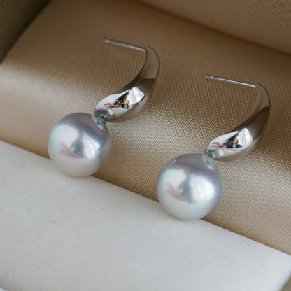 Rare Large 9mm Natural Silver Blue Akoya Pearl Drop Earrings K10 K18 White Gold