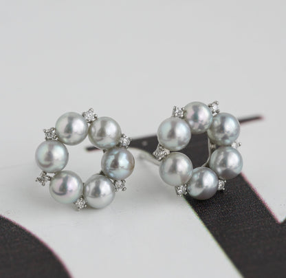 Rare Size 3.5mm Natural Silver Blue Akoya Pearl Diamond Halo Stud Earrings Pt900 Platinum - KOKOPEARLJEWELRY - 8