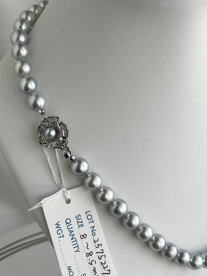 Certified Natural Silver Blue 8mm Akoya Pearl Strand Necklace