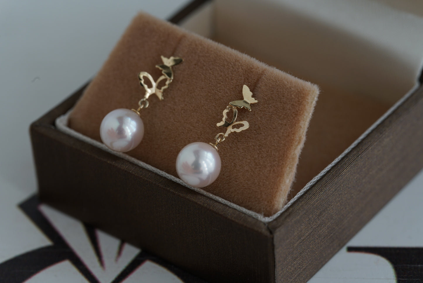 6.5mm Akoya Pearl Butterfly Shaped Dangle Drop Earrings 10K Gold