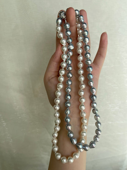 Certified Natural Silver Blue & White Color 8.5mm Baroque Shaped Akoya Pearl Long Necklace - KOKOPEARLJEWELRY - 7