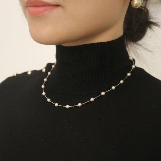 Mirror Like Lustre 4mm Akoya Pearl Station Necklace 18k Yellow Gold - KOKOPEARLJEWELRY - 4