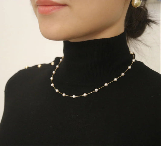 Mirror Like Lustre 4mm Akoya Pearl Station Necklace 18k Yellow Gold - KOKOPEARLJEWELRY - 4