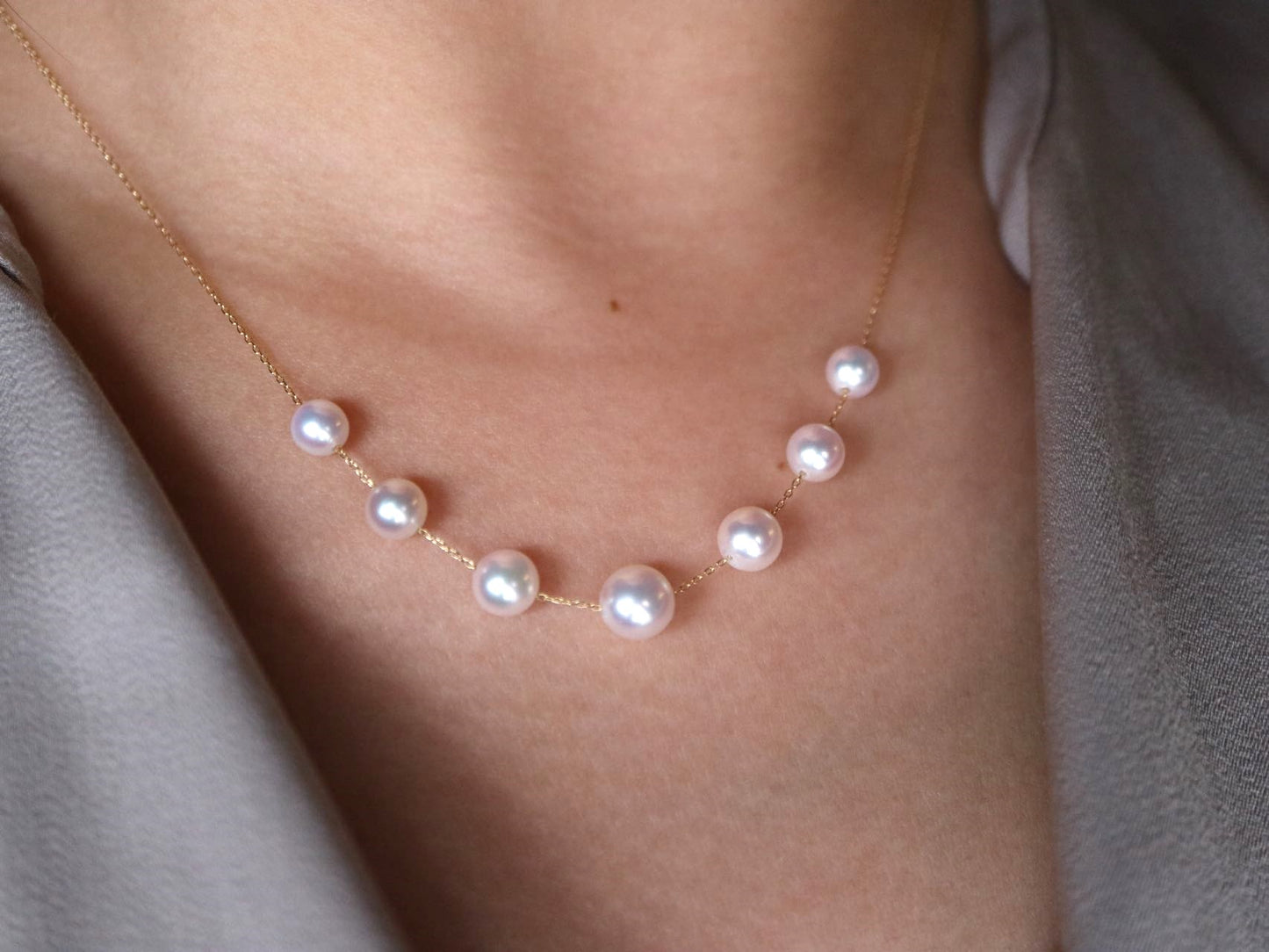 5.0-6.5mm Akoya Pearl Smile Station Necklace 18K Yellow Gold