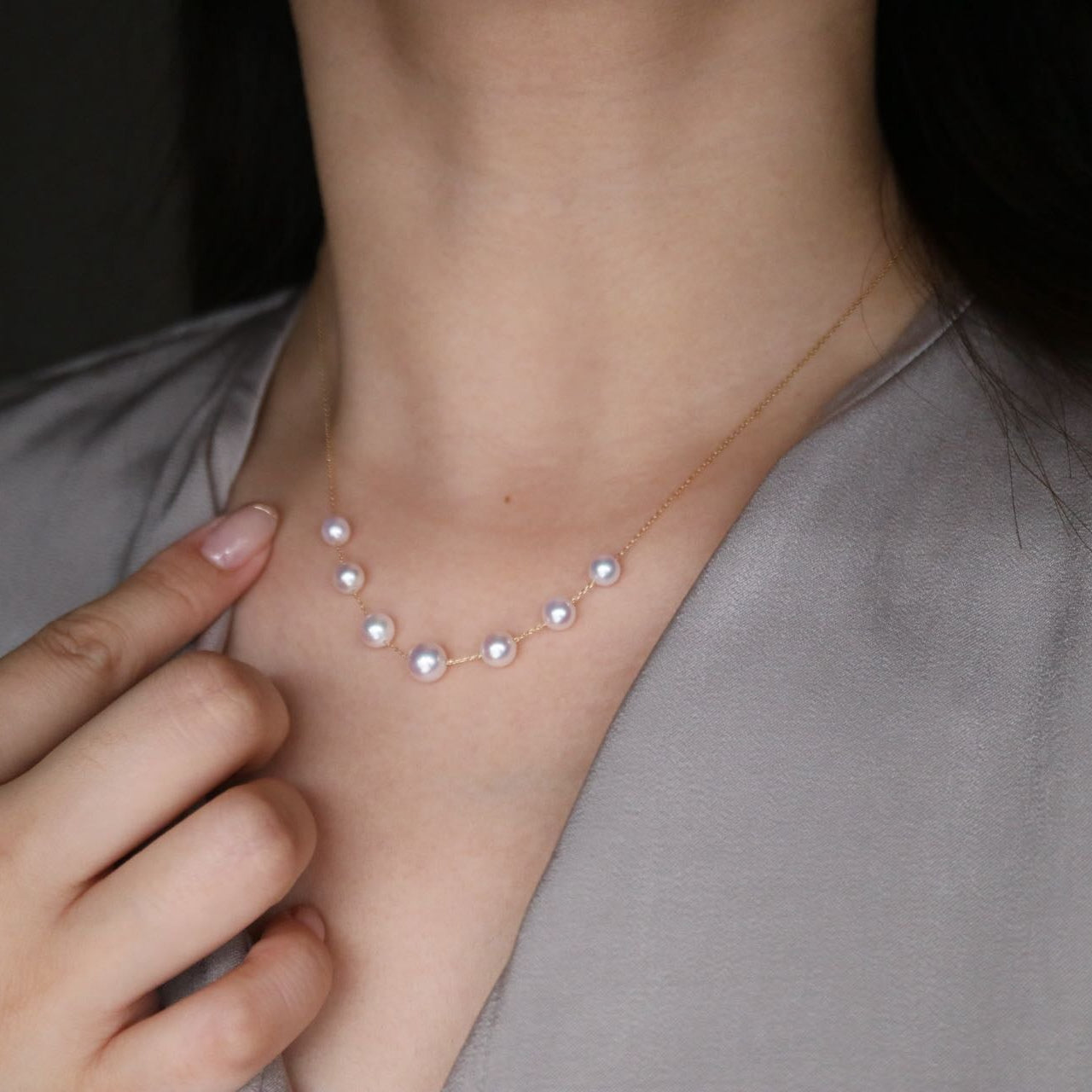 5.0-6.5mm Akoya Pearl Smile Station Necklace 18K Yellow Gold