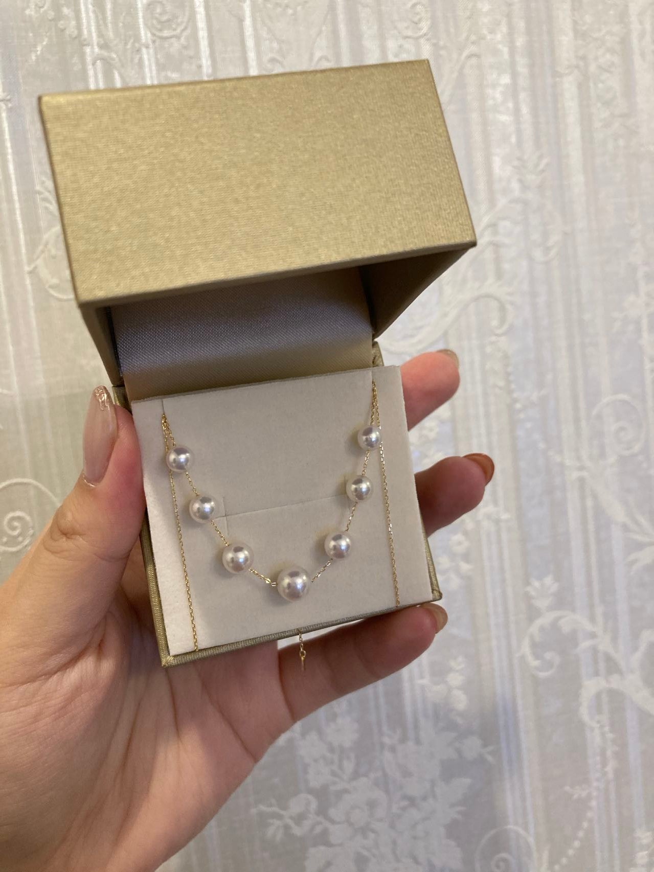 5.0-6.5mm Akoya Pearl Smile Station Necklace 18K Yellow Gold