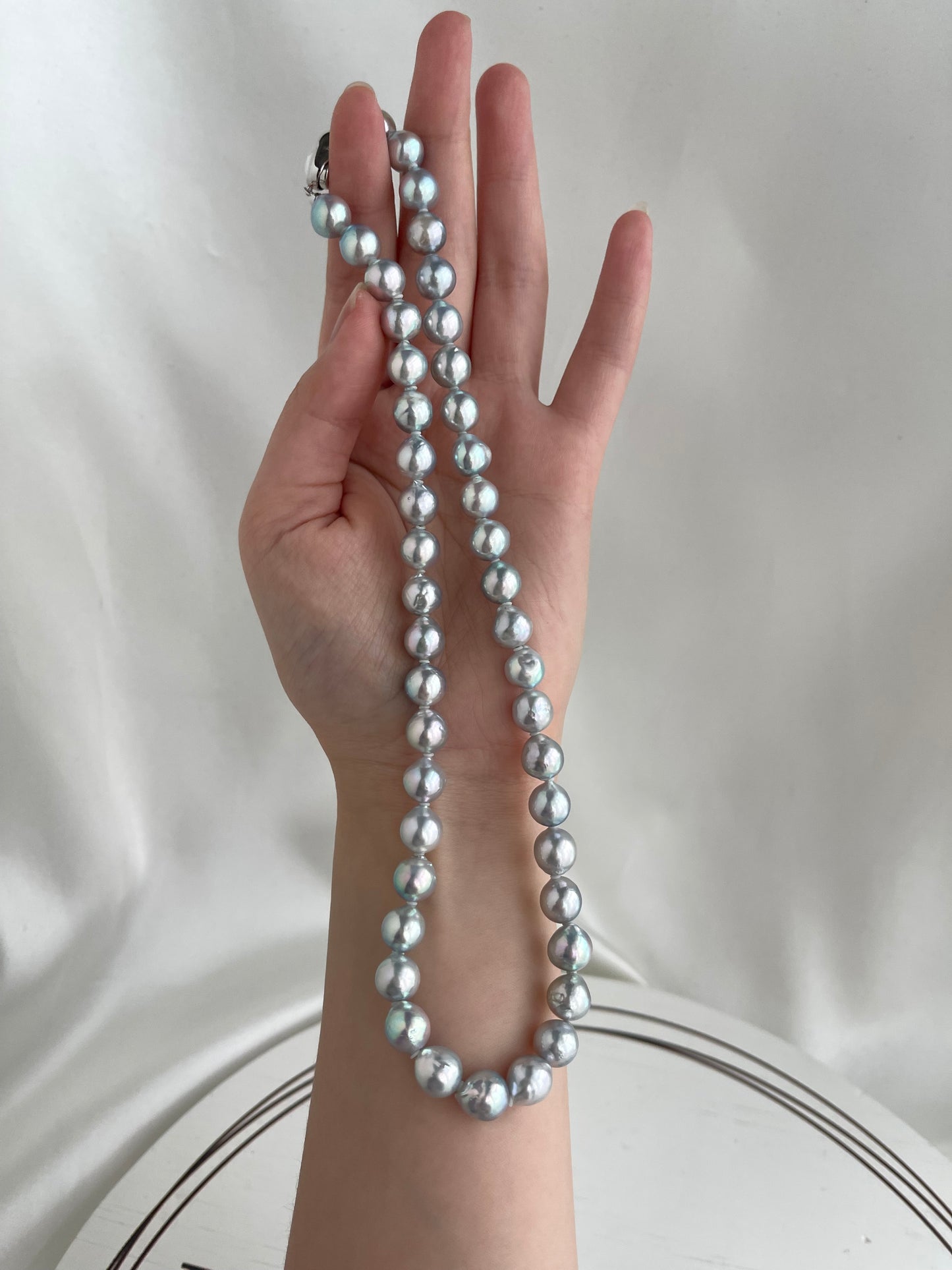Certified 8.5mm Natural Silver Blue Tone Baroque Shaped Akoya Pearl Strand Necklace