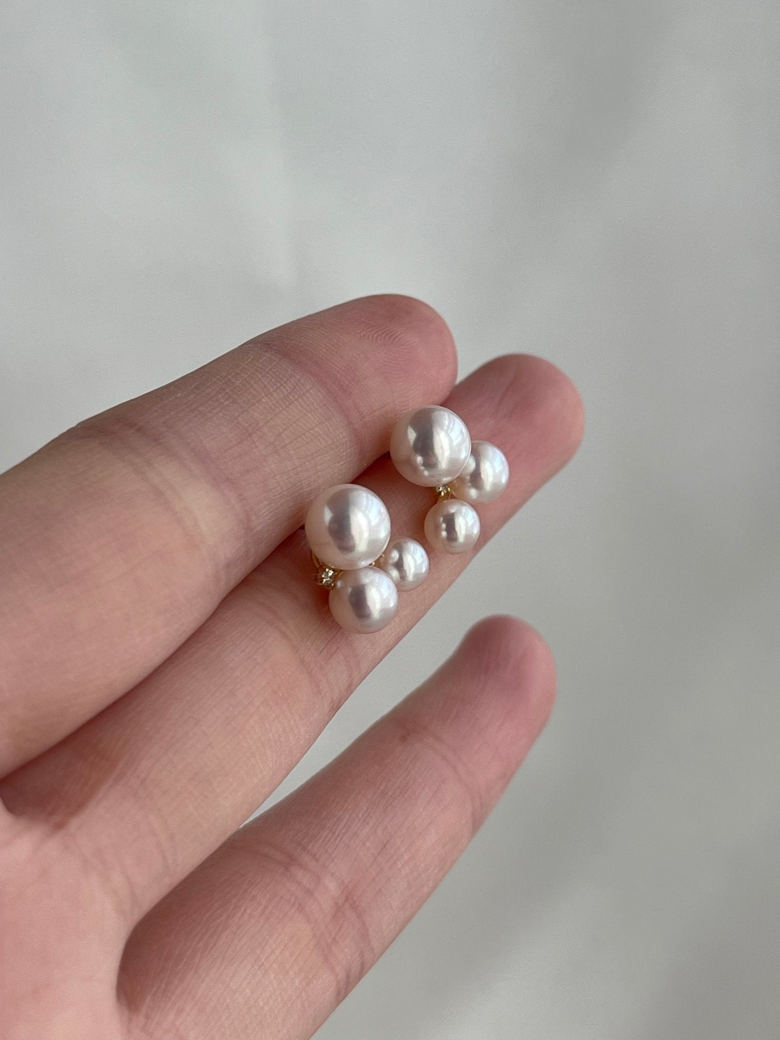 Three Akoya Pearl Diamond Stud Earrings 18K Gold - KOKOPEARLJEWELRY - 5
